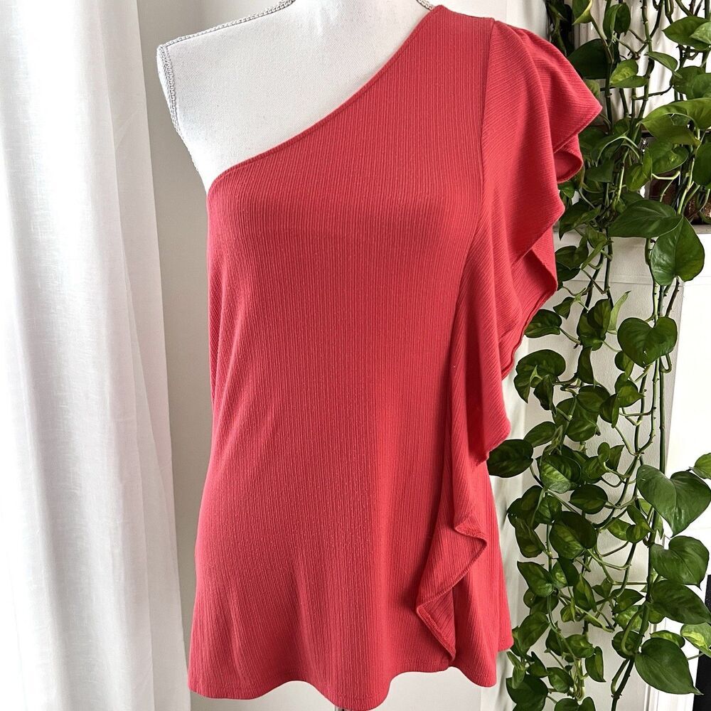 Nine West Coral-Red One Shoulder Ruffle Edge Fun Flirty Blouse - Size Large